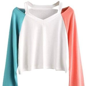 Sweaty Rocks Crop Top Multi-Color Cut Out Shoulder Long Sleeves Shirt. Sz S